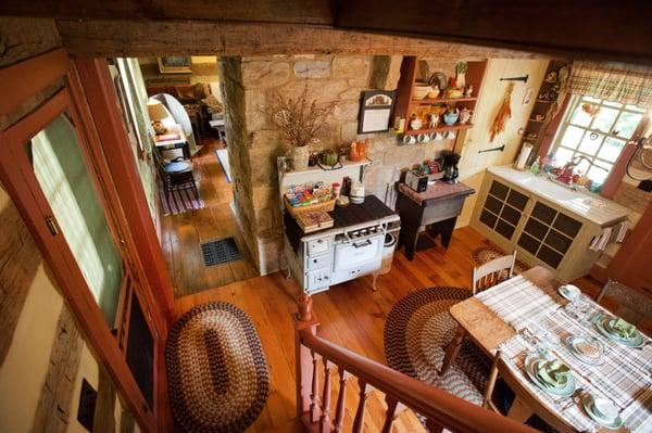 Kitchen view from the top of the winding stairs