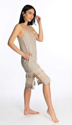 Linen Slip Dress in a micro stripe with crochet cotton detailing.