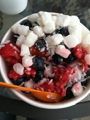 Cake Batter with berries, coconut, and marshmallow