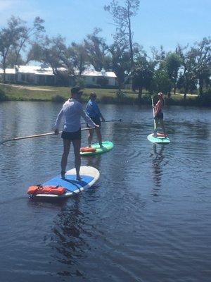 Friends outside having fun "walking on water"