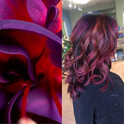 Purple/ red balayage on this beauty.  Inspiration photo on the left