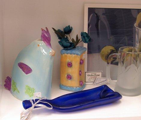 pottery, etched glass and artwork