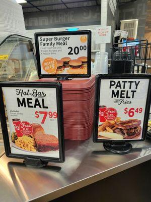 Hot food counter's meal deals.