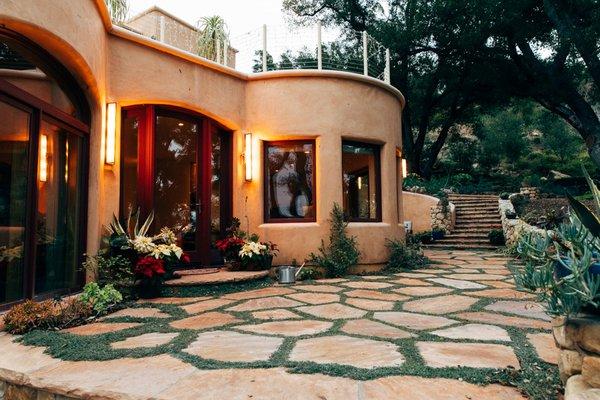 Outdoor flagstone patio and steps.