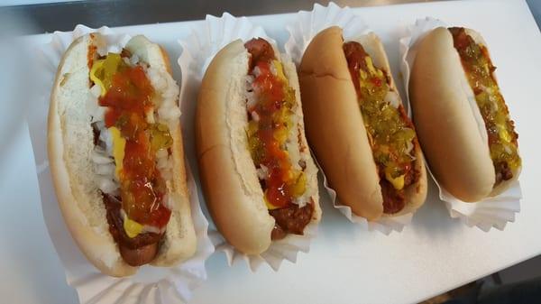 Jumbo Beef Hot Dogs with the works!