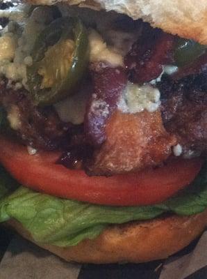 Jack burger: bacon, jalepeno, blue cheese instead of pepper jack. Awesome.