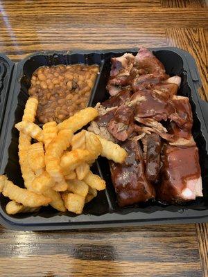 Ribs (2), TriTip, & Brisket with fries & beans (3 meat plate)