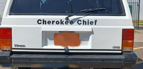 OEM re-creation of the rear hatch letters and lower 2 stripes.1985 Jeep Cherokee Chief