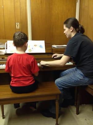 My 6 year old's first piano lesson with Mary --  right in, giving him more confidence than I could have imagined!