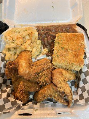 Fried chicken, Cajun Mac and Cheese, Red Beans, Rice and Sausage, Cornbread