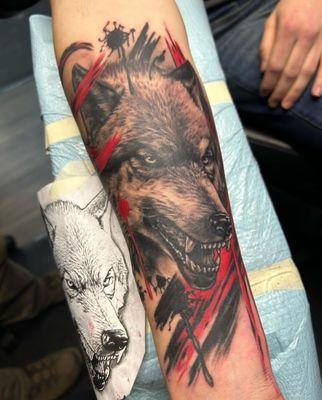 Trash polka inspired realistic wolf done by Don "Rusty" Sorrell