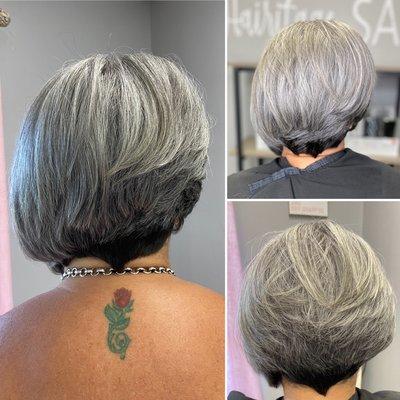 3 slightly different haircuts on short silver hair