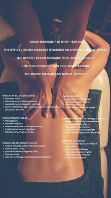 Massage services available with optional add-on's to help relieve the stress and tension of the day.