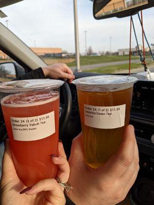 Strawberry Yakult Tea (left) which I clearly got gypped on. It wasn't filled up, which was a first. The other drink is a Jasmine Green Tea.