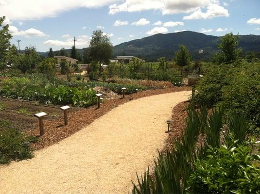 Simple walk way with a nice simple veggie garden. Very cost effective!