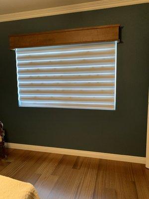 Pirouette Window Shade and Wood Cornice by Hunter Douglas