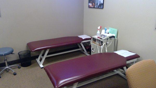 Soft tissue therapy modalities like ultrasound and muscle stimulation are offered for pain relief and recovery.