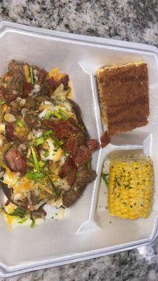 Brisket baked potatoe with honey glazed cornbread and corn on the cob!