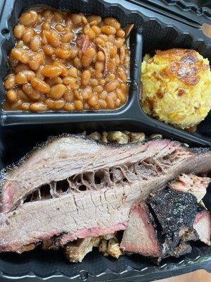 Brisket, chicken, beans and cornbread casserole