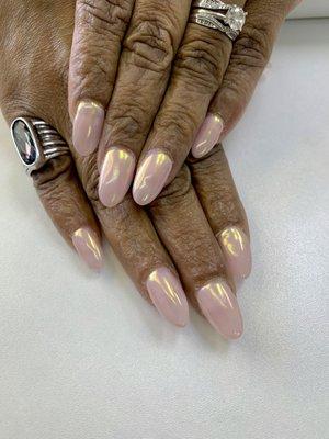 Gel extensions with chrome nail art