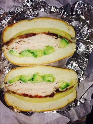 Turkey, bacon, avocado, and Swiss cheese on a roll. Ah-may-zing! Dip in ranch!