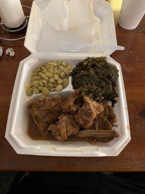 Pork neck bones, collard greens, and Lima beans