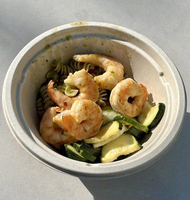 Cirtus Shrimp with zucchini and pesto pasta for $8.67 in 2024. Shrimp was plump and bouncy!