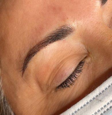 Close up view of combo brows! Microblading hairstrokes with soft shading throughout the brow to create density and definition