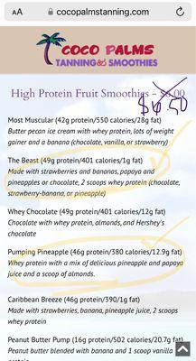 Most up to date Menu from website effective 3/10/2023. Prices start at 6.50 for small protein smoothies. Generous sizes.