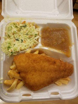 Flounder fish with fries, coleslaw  and applesauce. Fish was good! Nice and crunchy. I also enjoyed the coleslaw.