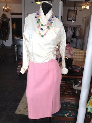 Chanel Pink Pencil Skirt, Romeo Gigli Blouse, 1950s Glass Bead Necklace