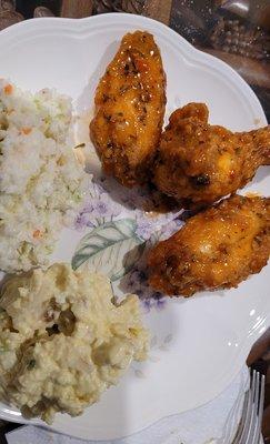 Coleslaw and potato salad.  Wings are from Stoltzfus BBQ.