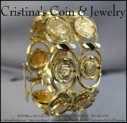 Wow!  Thirteen 2 1/2 peso Mexican gold coins ornament this stunning 18K yellow gold hand crafted vintage bracelet