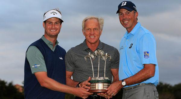 QBE Shootout champions Matt Kuchar and Harris English with tournament host Greg Norman. Kuch and English have won this event three times.