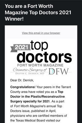 Dr. Derrick and Cosmetic Surgery of DFW are humbled to be a Fort Worth Magazine 2021 Top Doctor Top Plastic Surgeon in DFW!