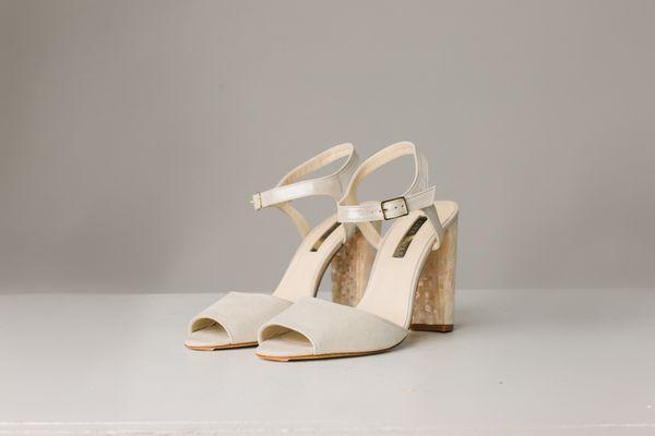 Modern wedding shoes with chunky mother-of-pearl heel by Freya Rose