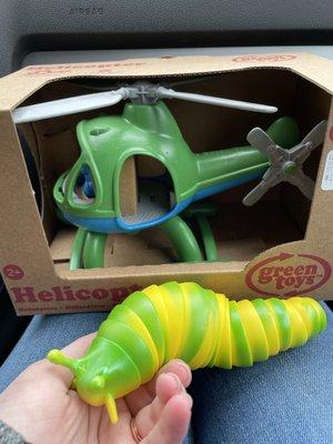 Fidget slug and a green helicopter toy!