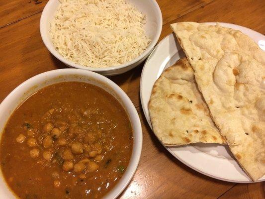 Takeout chana masala, basmati rice and plain naan