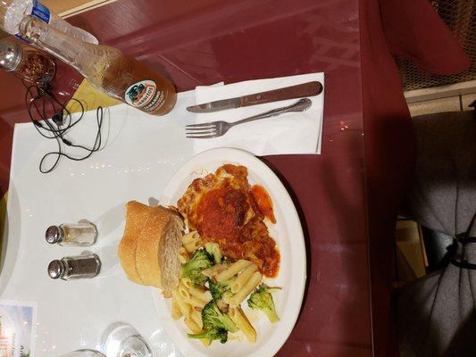 Chicken parm with pasta and broccoli