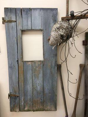 Shabby barn door complete with hornets nest