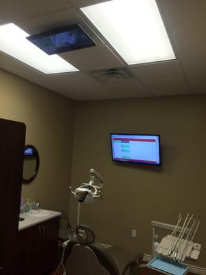 Dental chairs with built in massagers and adjustable heaters. TV's on the ceiling and wall.  Laughing Gas and IV sedation available.