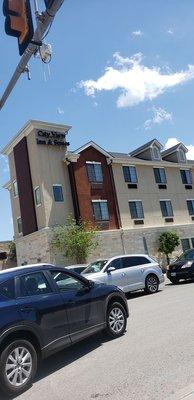 A view from the main intersection/backside of the hotel. Basically the windows from any of the rooms. Its 3 story.