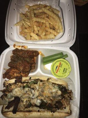 Hot Lemon Pepper Wings, Bacon Chicken Philly, & Seasoned Fries