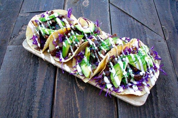 Korean Style Beef Tacos with Red Cabbage Slaw with Sriracha Sour Cream