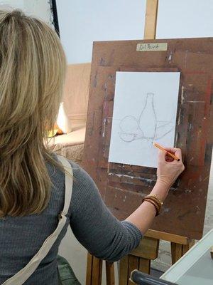 Adult classes start with a strong foundation in drawing before moving to oil painting