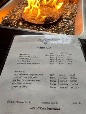 Current wine list May 2022 at the outside fire pit