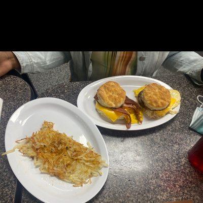 Hash brown, bacon egg with cheese biscuit, sausage egg and cheese biscuit