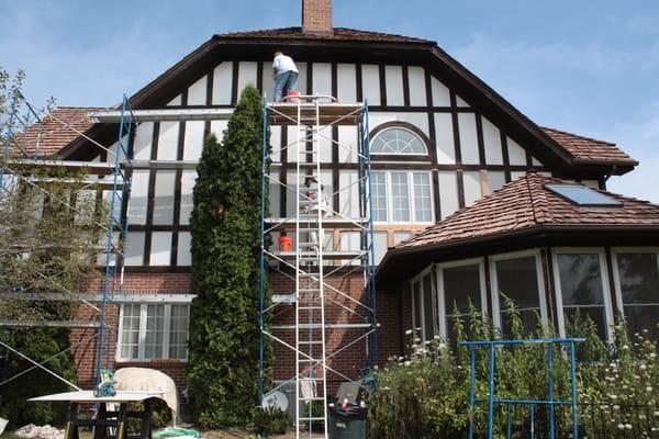 Exterior work using scaffolding