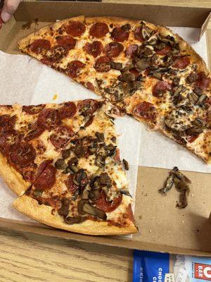 Half cheese and pepperoni and half cheese, pepperoni, sausage and mushrooms