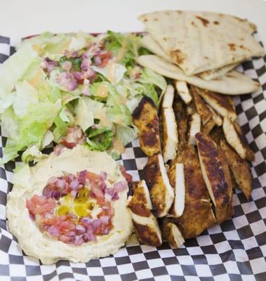 Grilled chicken, hummus, pita bread,salad